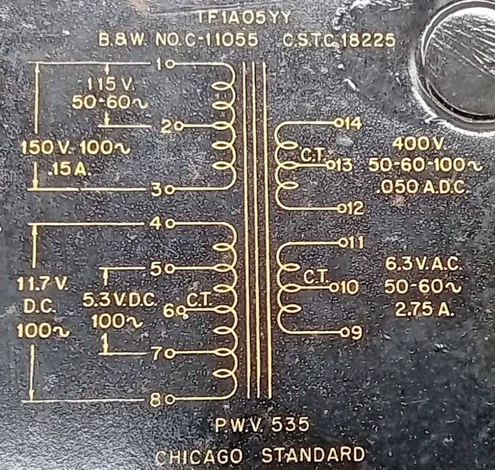 CHICAGO Power Transformer 115V - 400V  C.T -  DC  /  6.3V-AC-2.75A /  5.3V D.C.