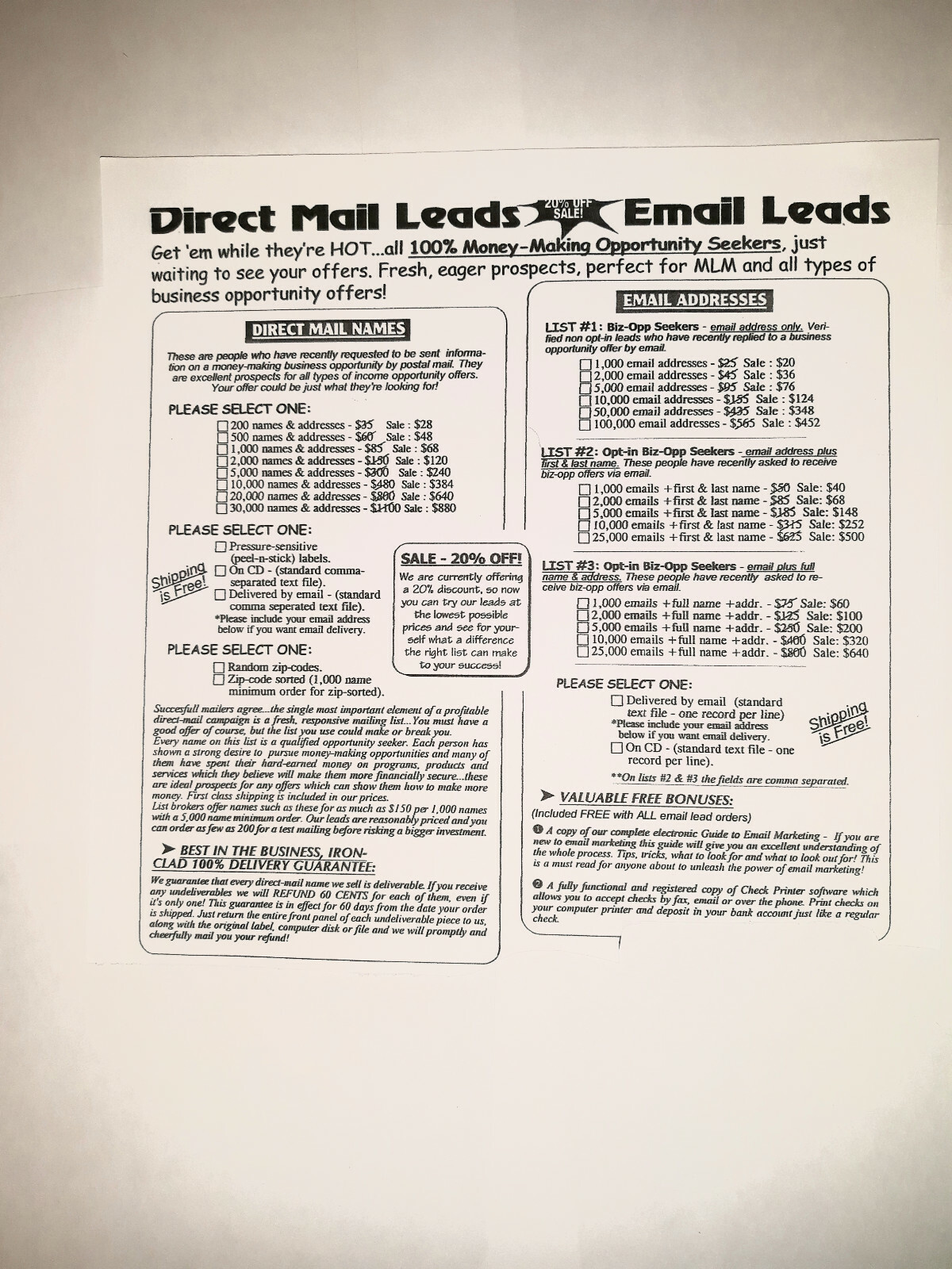 DIRECT MAIL & EMAIL ADDRESSES ! PEEL N' STICK and On Line for Biz-Op Seekers!