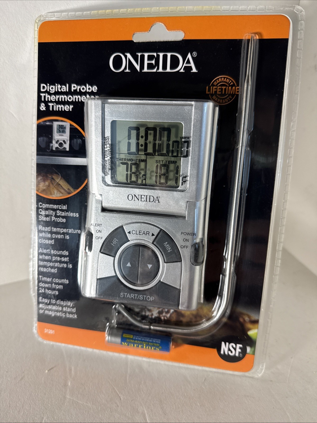 Oneida Digital Probe Cooking Thermometer & Timer Silver/Grey Model 31201 NEW