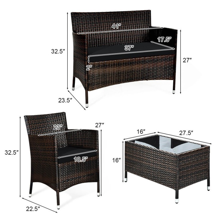 4-Piece Rust-Resistant Steel+Rattan Outdoor Sofa Set & Rectangle Glass Table