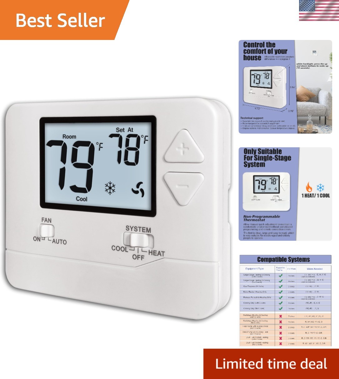 Versatile Non-Programmable Thermostat for Single-Stage Systems - White Display