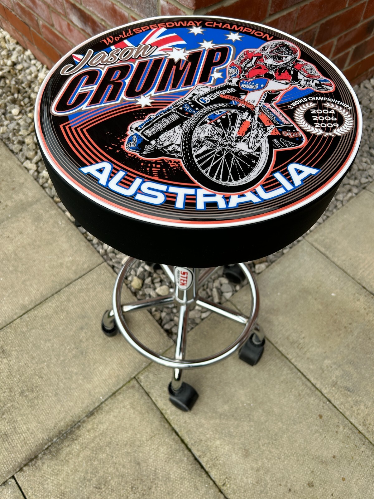 Jason Crump speedway height adjustable, rolling Workshop/bar-stool