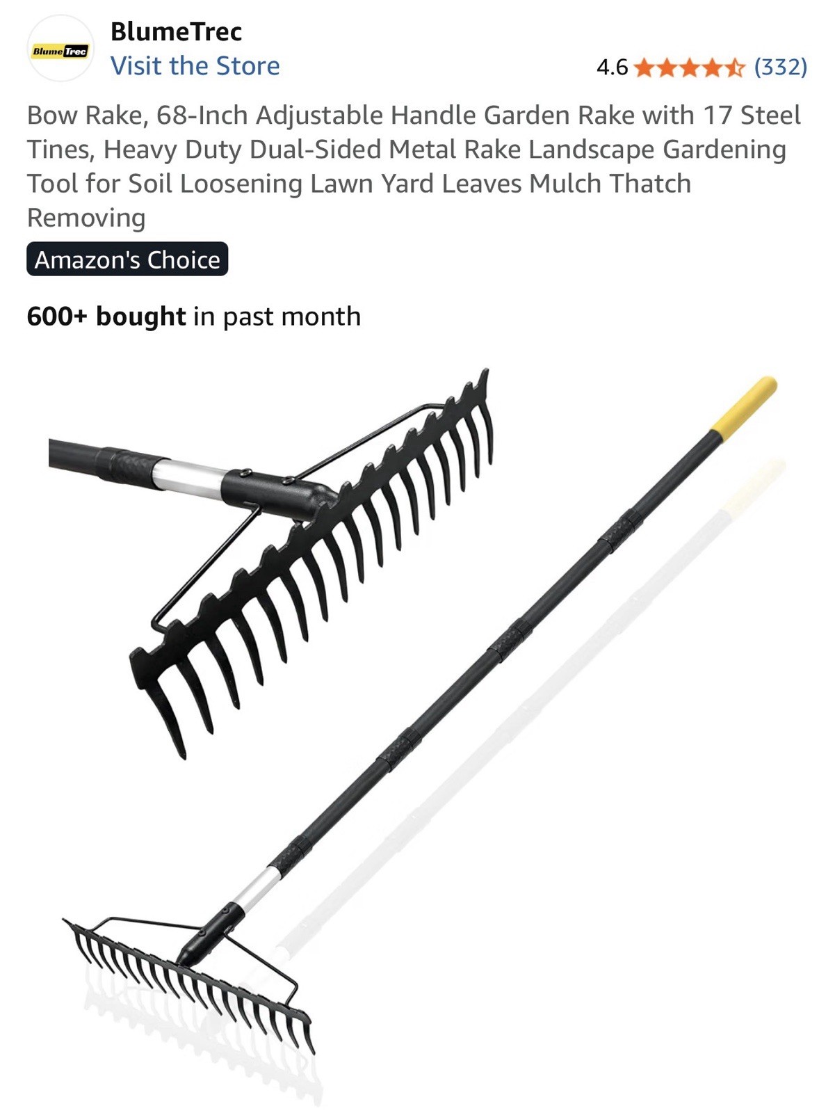 Bow Rake, 68-Inch Adjustable Handle Garden Rake with 17 Steel Tines, Heavy Duty