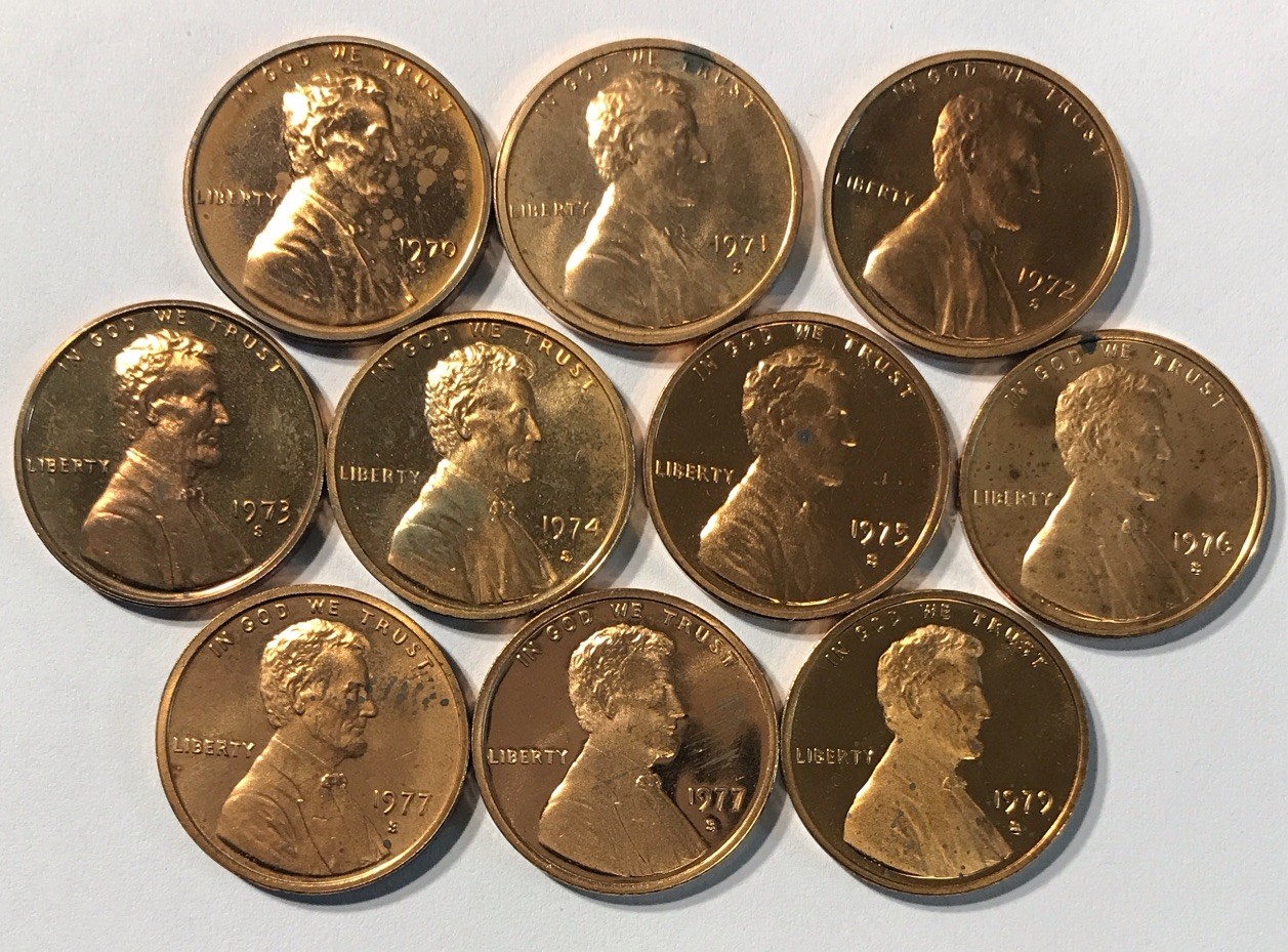 1970-S THRU 1979-S TYPE 1 PROOF LINCOLN 10 COIN DECADE SET SPOTS AND /OR TONING