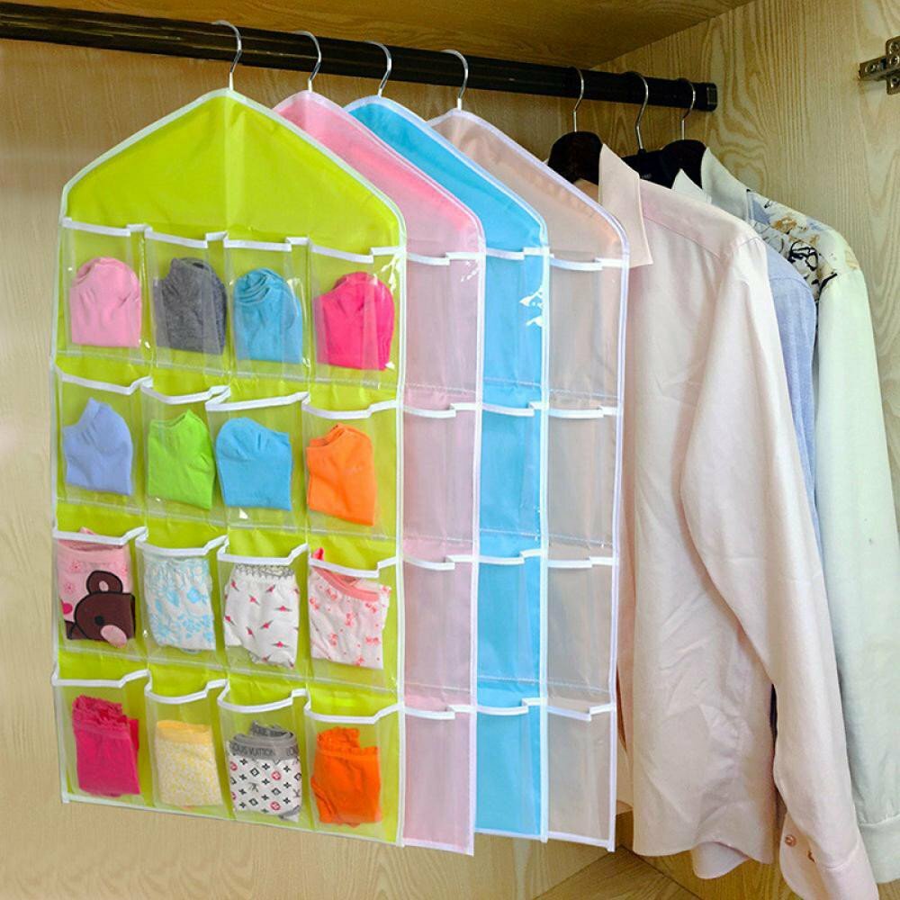 2 Pcs Plastic Hanging Storage Bag Small Items Socks Organizer 16 Packets