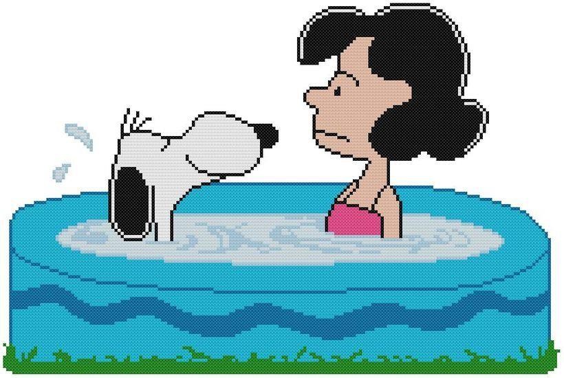 CROSS STITCH+ CRAFT PATTERN Snoopy Dog Lucy Van Pelt Summer Backyard Pool Swim