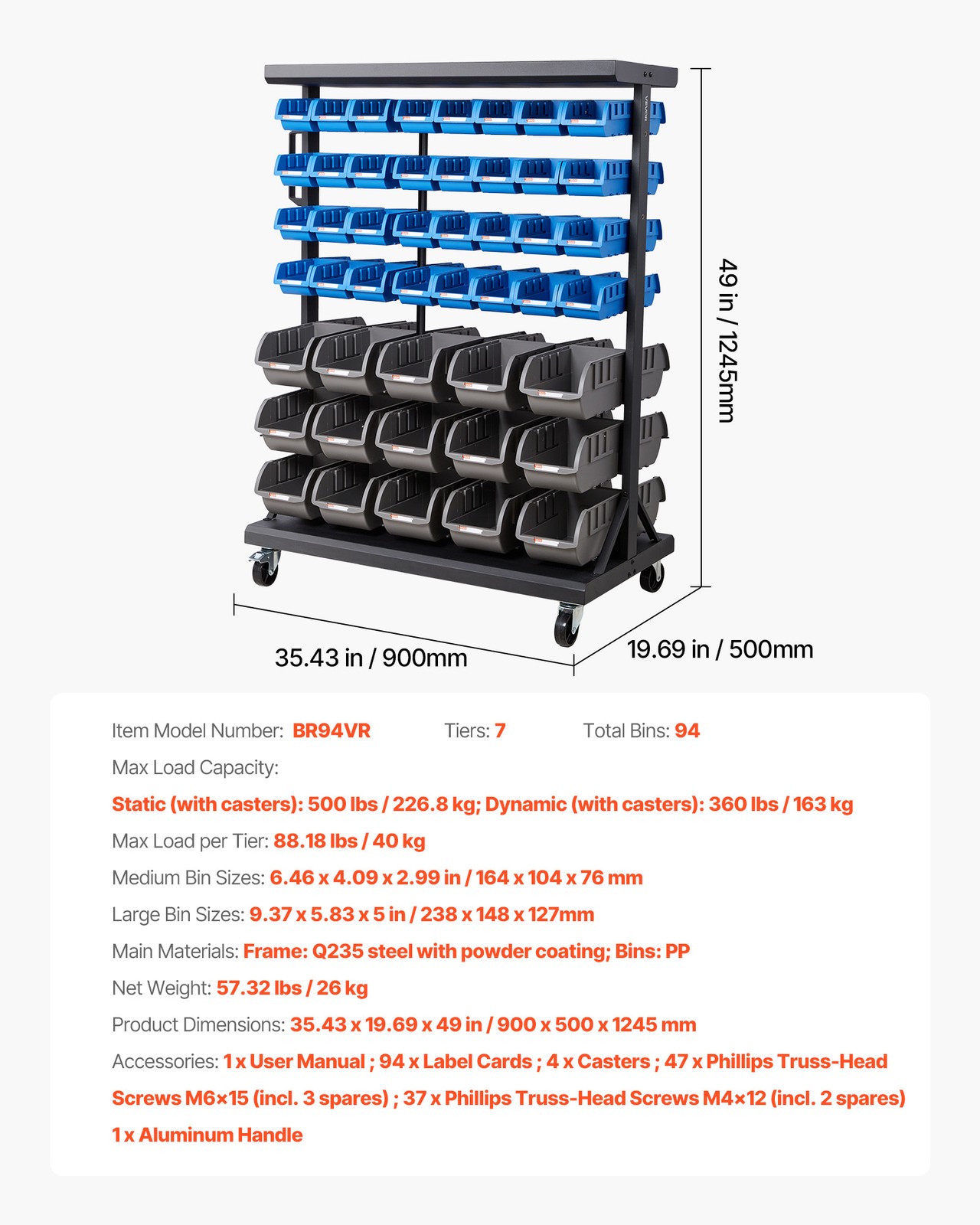 VEVOR Double-Sided Rolling Bin Rack 7-Tier Bin Rack Storage System with 94 Bins