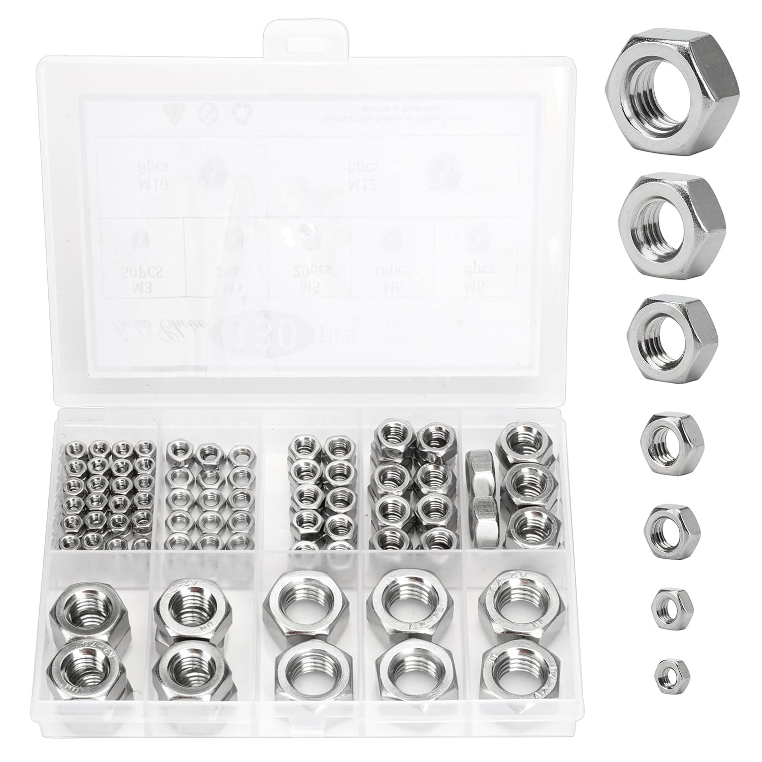 130pc Stainless Steel Metric Hex Nuts Assortment Kit M3 M4 M5 M6 M8 M10 M12 Set