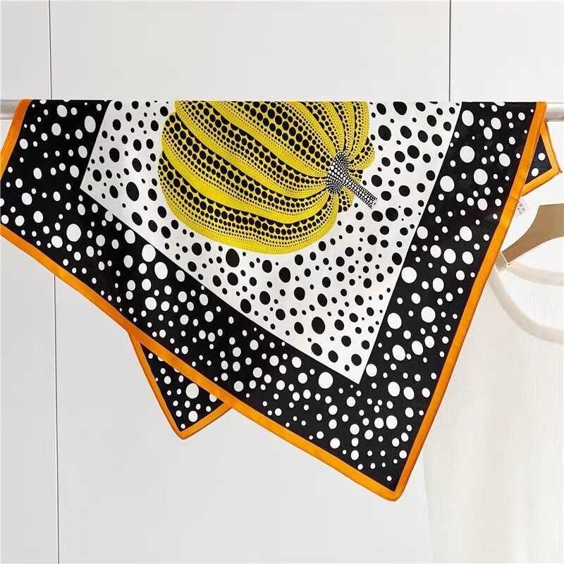100% Silk Scarf Women Fashion Pumpkin Polka Dots Kerchief Square Bandana Wrap 68
