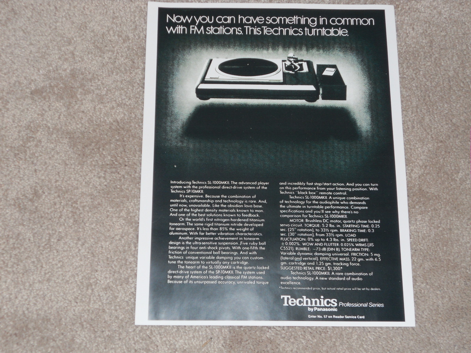 Technics SL-1000mkII Ultimate Turntable Ad, 1978, Info, 1 page, ready to frame