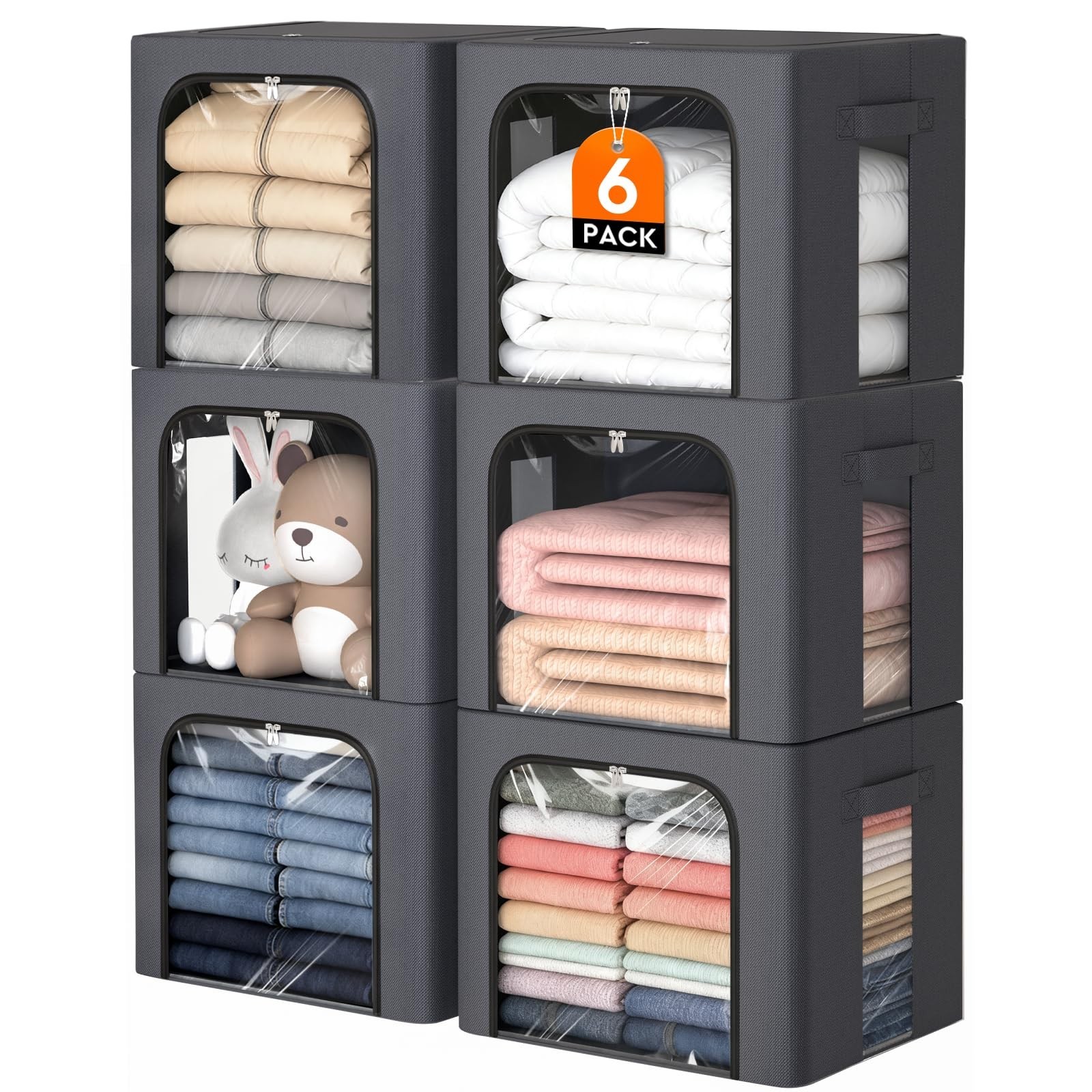 6 Pack Fabric Storage Bins with Metal Frame, 40L Organizer Bags, Clear Window, Z