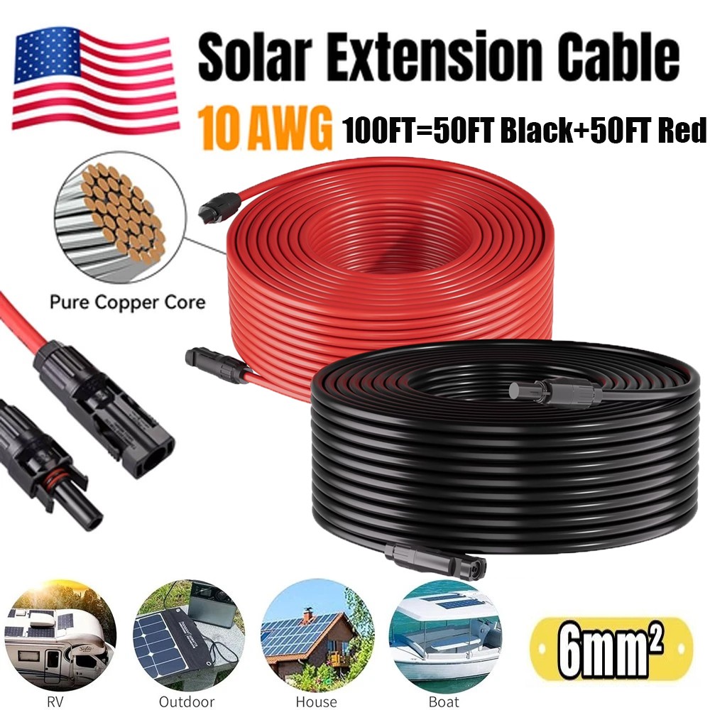 100FT 10 AWG Solar Panel Extension Cable PV Wire Solar Connectors Pair 6mm²