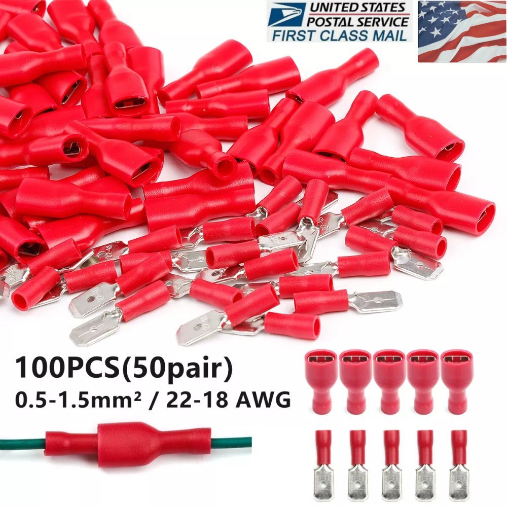 100X Male/Female Crimp Spade Terminal Insulated Electric Wire Connector 22-18Ga