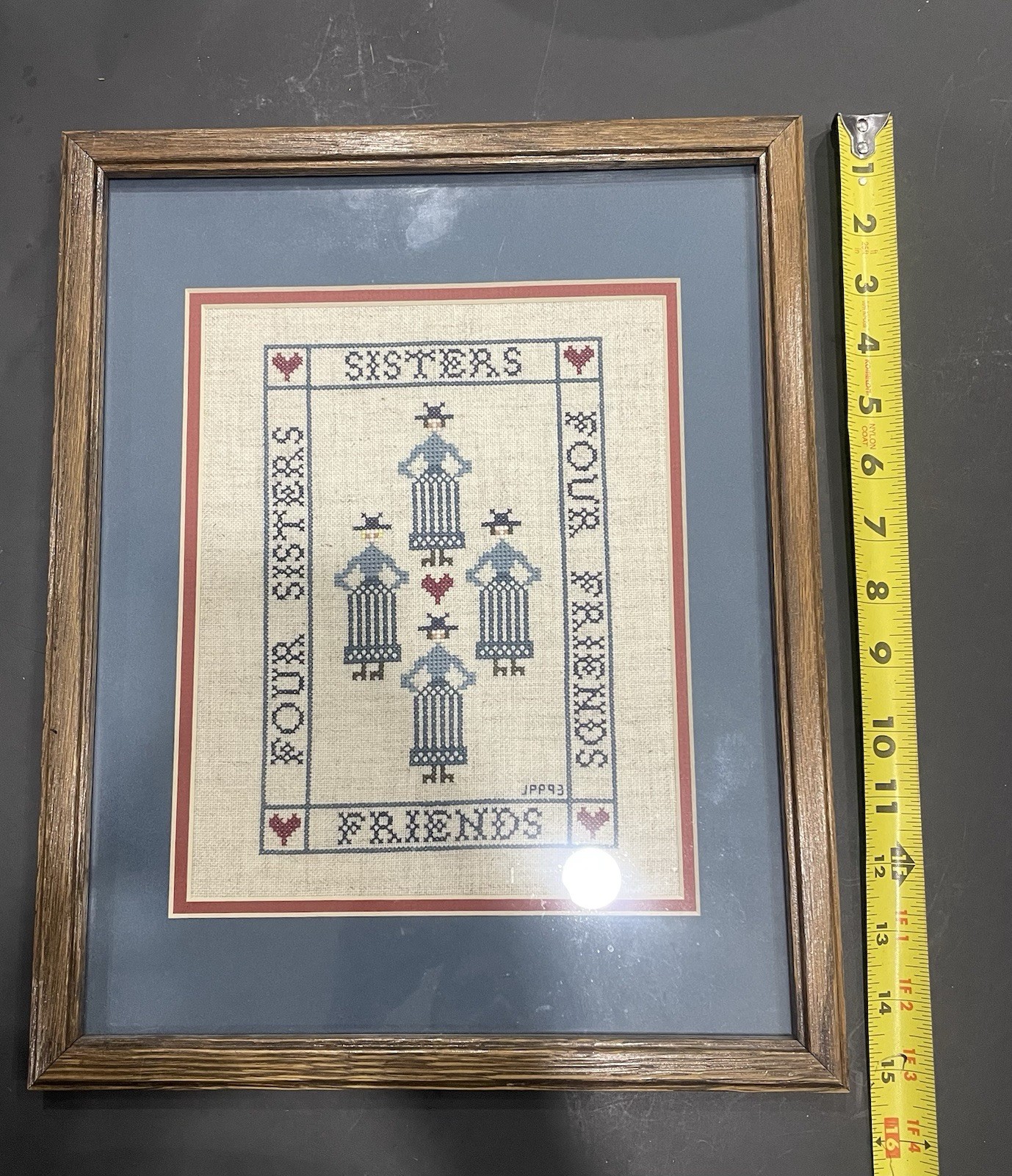 Framed "Four Sisters Four Friends" cross-stitch Wall Art by JPP93. 12" x 15.5"