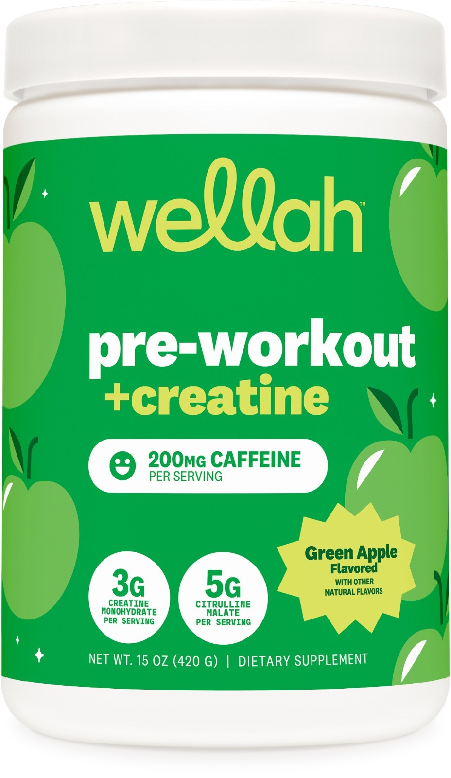 Wellah Pre-Workout + Creatine Powder (30 Servings) Green Apple - 200mg Caffeine