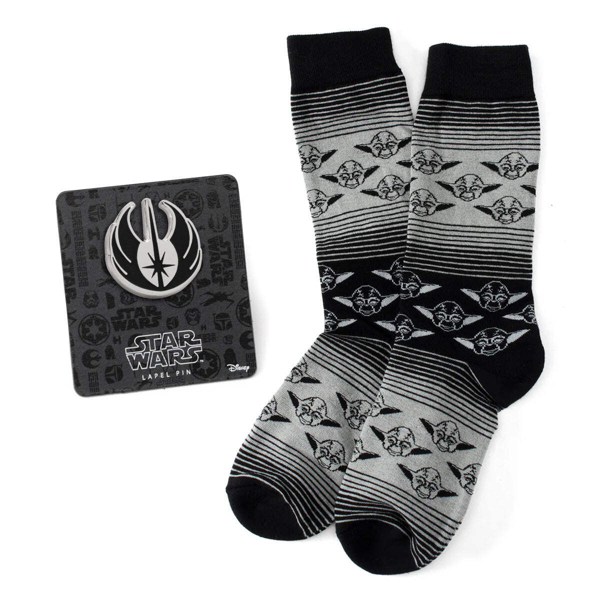 Star Wars Yoda Gray and Black Ombre Pattern Dress Socks with Jedi Crest Lapel Pi