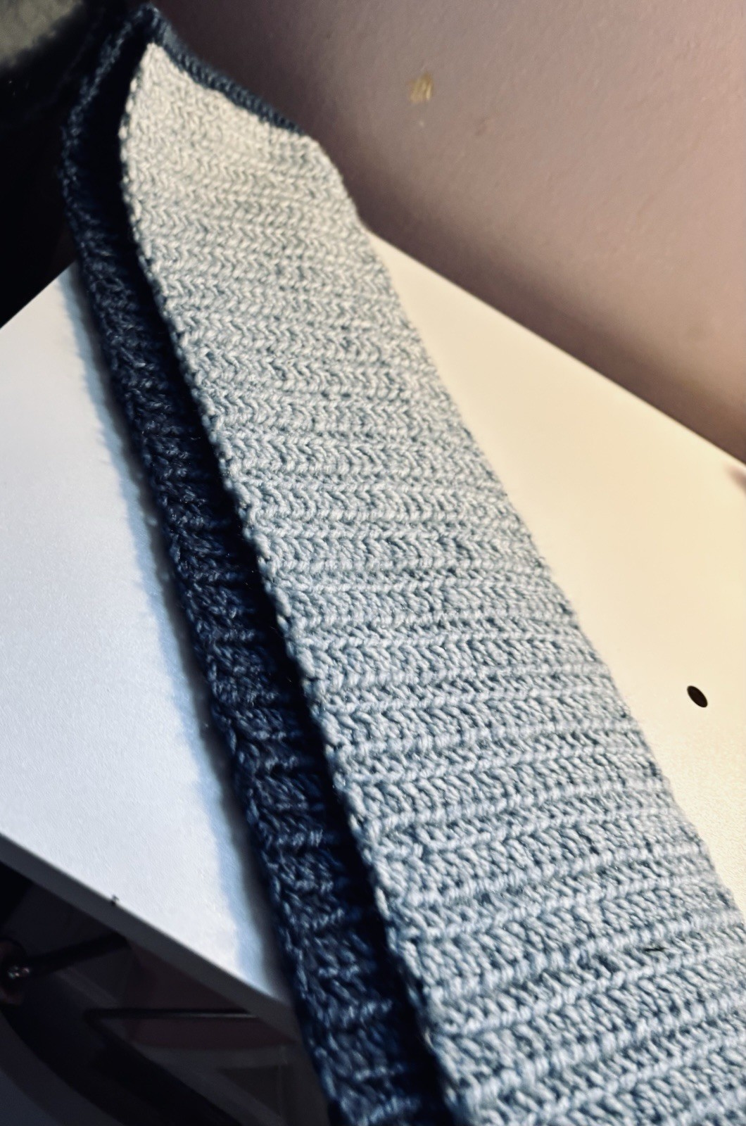Handmade Crocheted Scarf, Blue & Gray completely connected style!