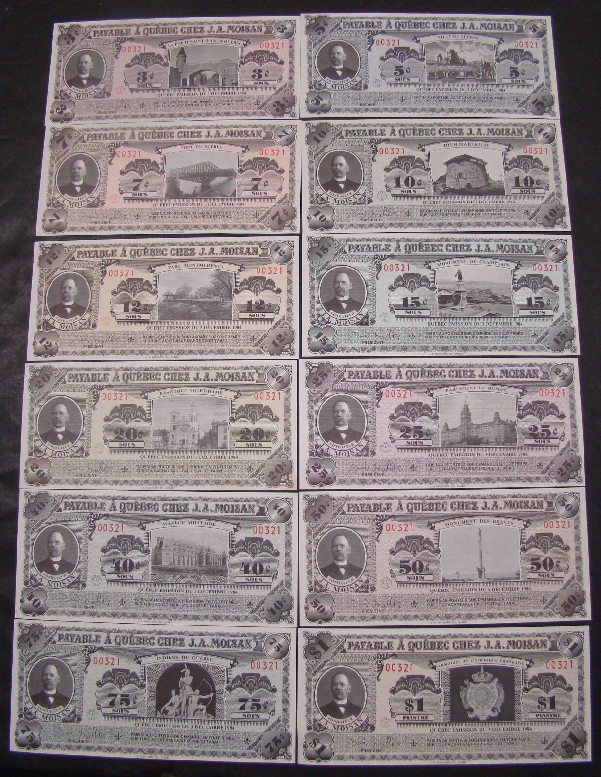 1984 Canada 3 Sous thru Dollar  Moisan Quebec Matching Serial Numbers 12 Notes