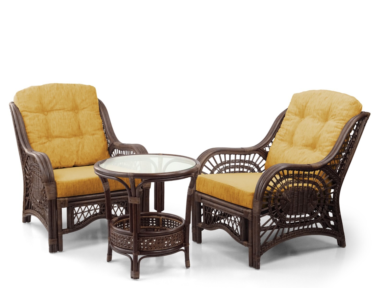 Malibu Living Set of 2 Chairs Natural ECO Rattan and Coffee Table, Dark Brown