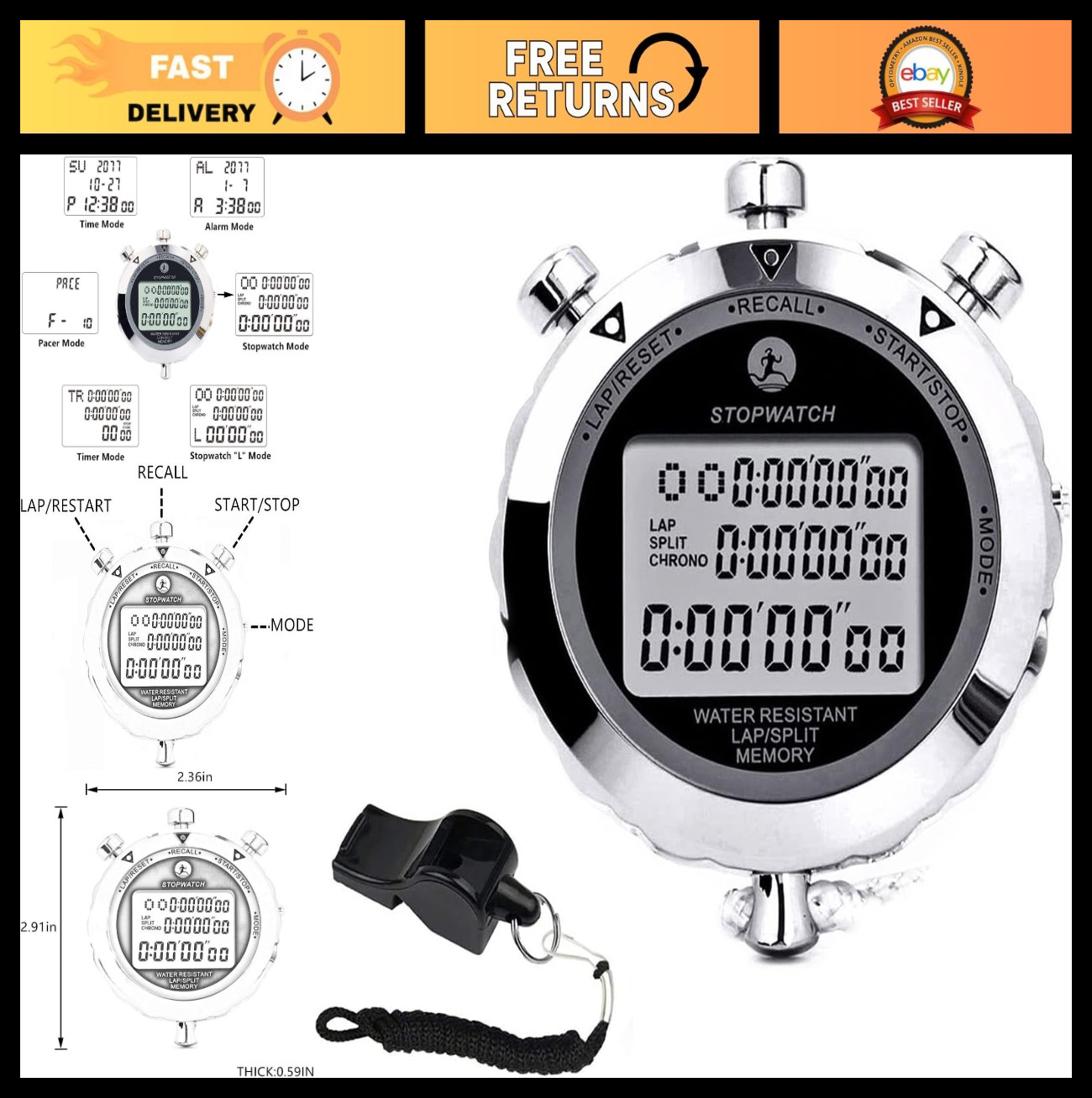 Metal Stopwatch for Sports - 10/100/400 Laps Timer, Coach Running Timer with 0.0