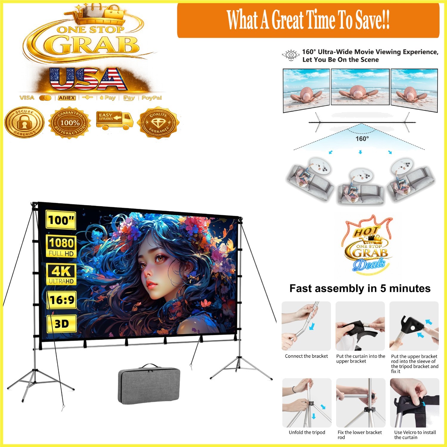 100 Inch Foldable Projector Screen HD 4K Portable Front & Rear Outdoor Indoor