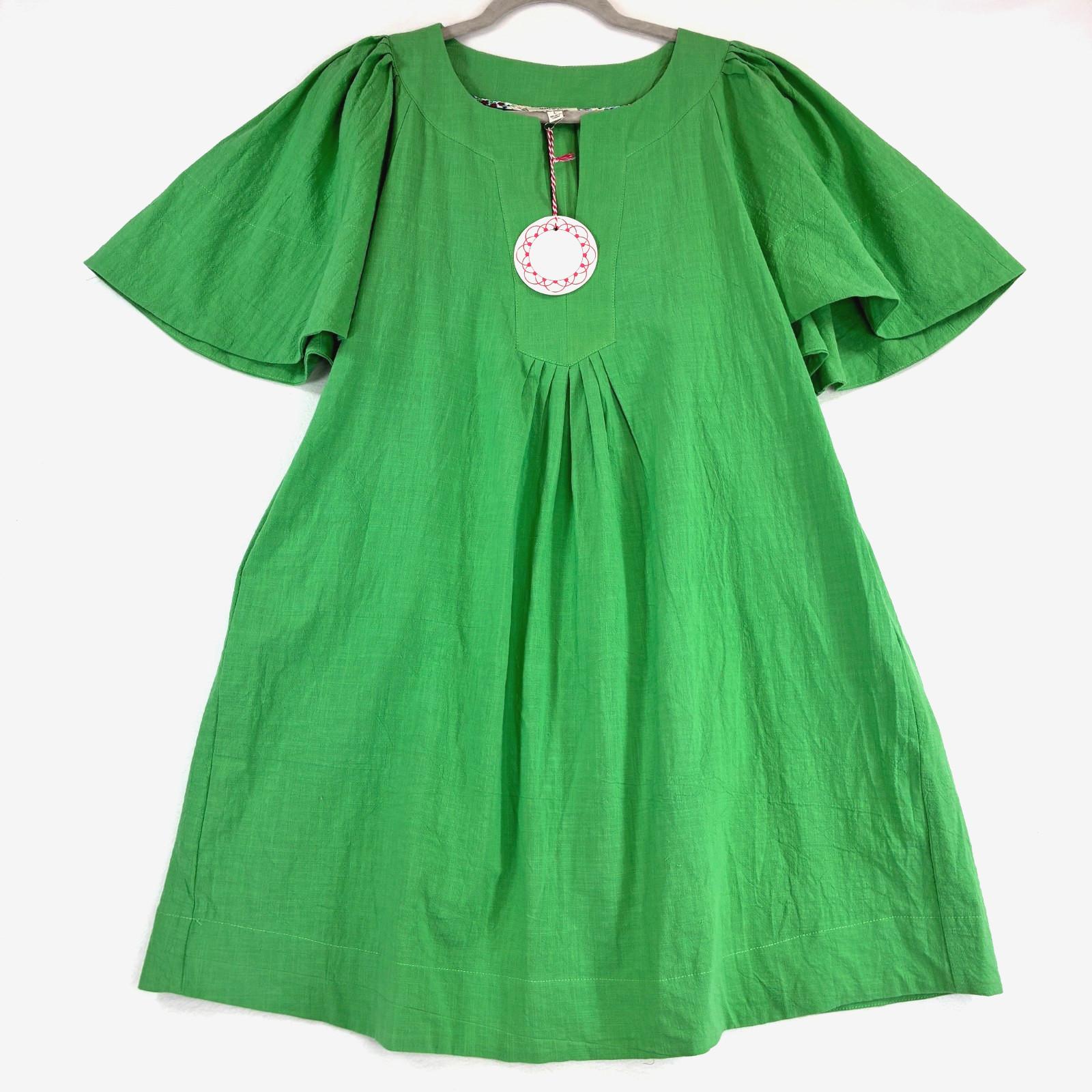 UMGEE L Green Babydoll Dress Pleated Boho Short Sleeve Pockets Cotton Lagenlook