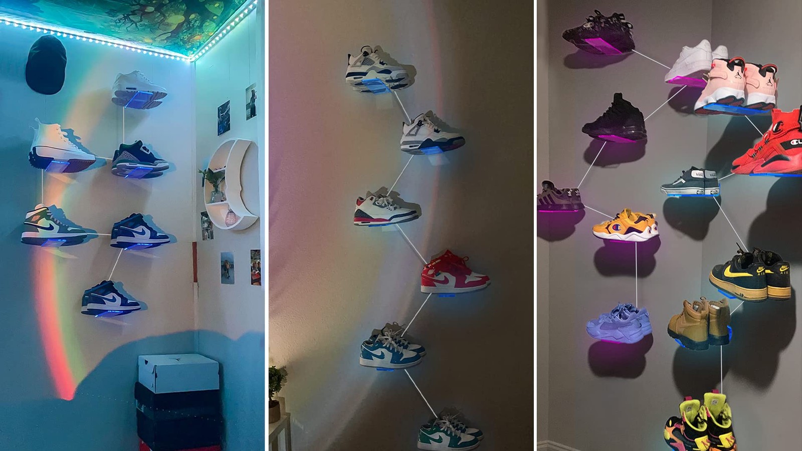 Floating Shoe Display Shelf Set of 6 with Lights, Glow Color Changing Wall Sh...