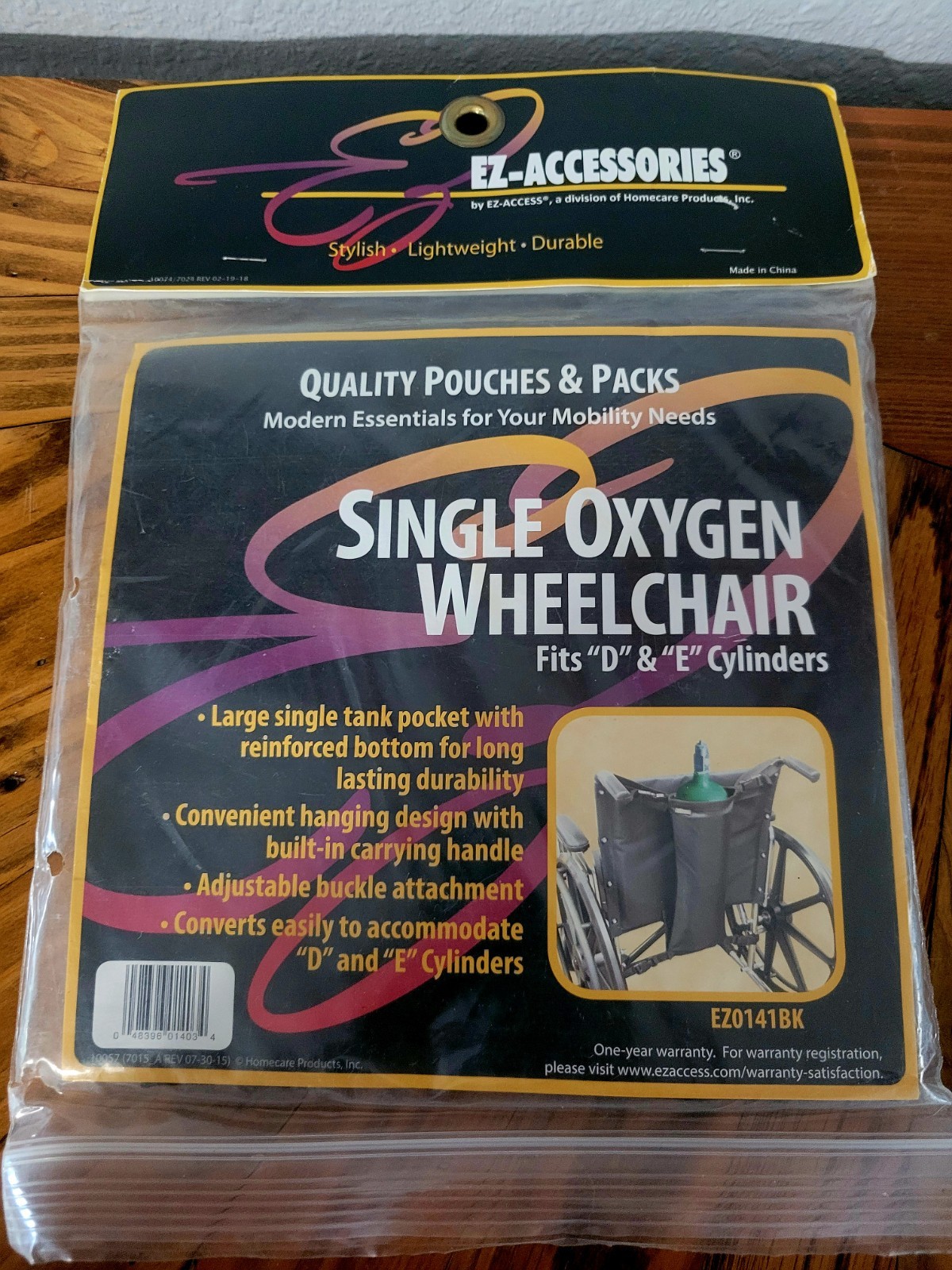 EZ-Accessories EZ0141BK Wheelchair Oxygen Single Tank Pocket For D & E Cylinders