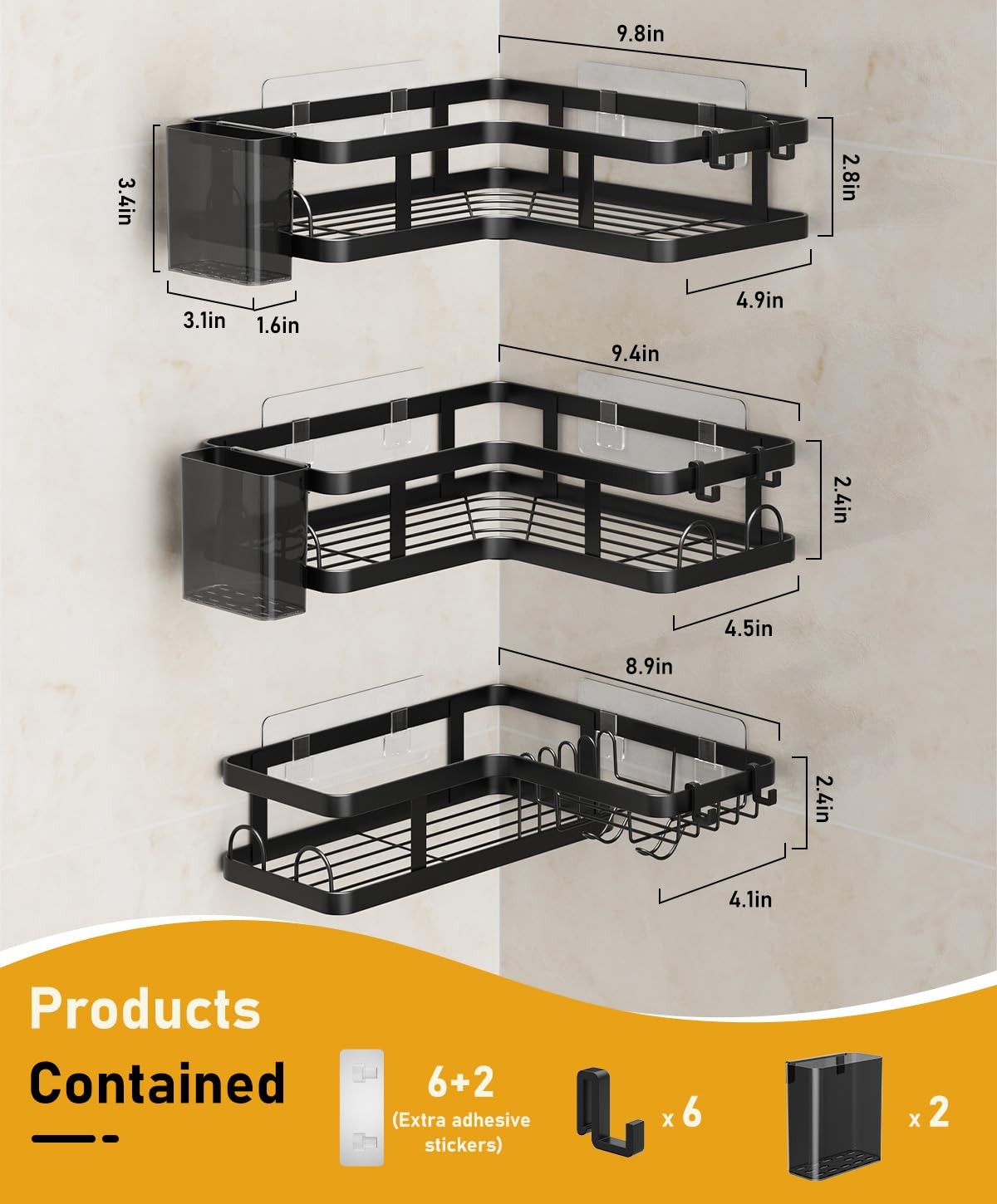 PUPILLEMON 3 Pack Corner Shower Caddy Organizer, Rustproof Black