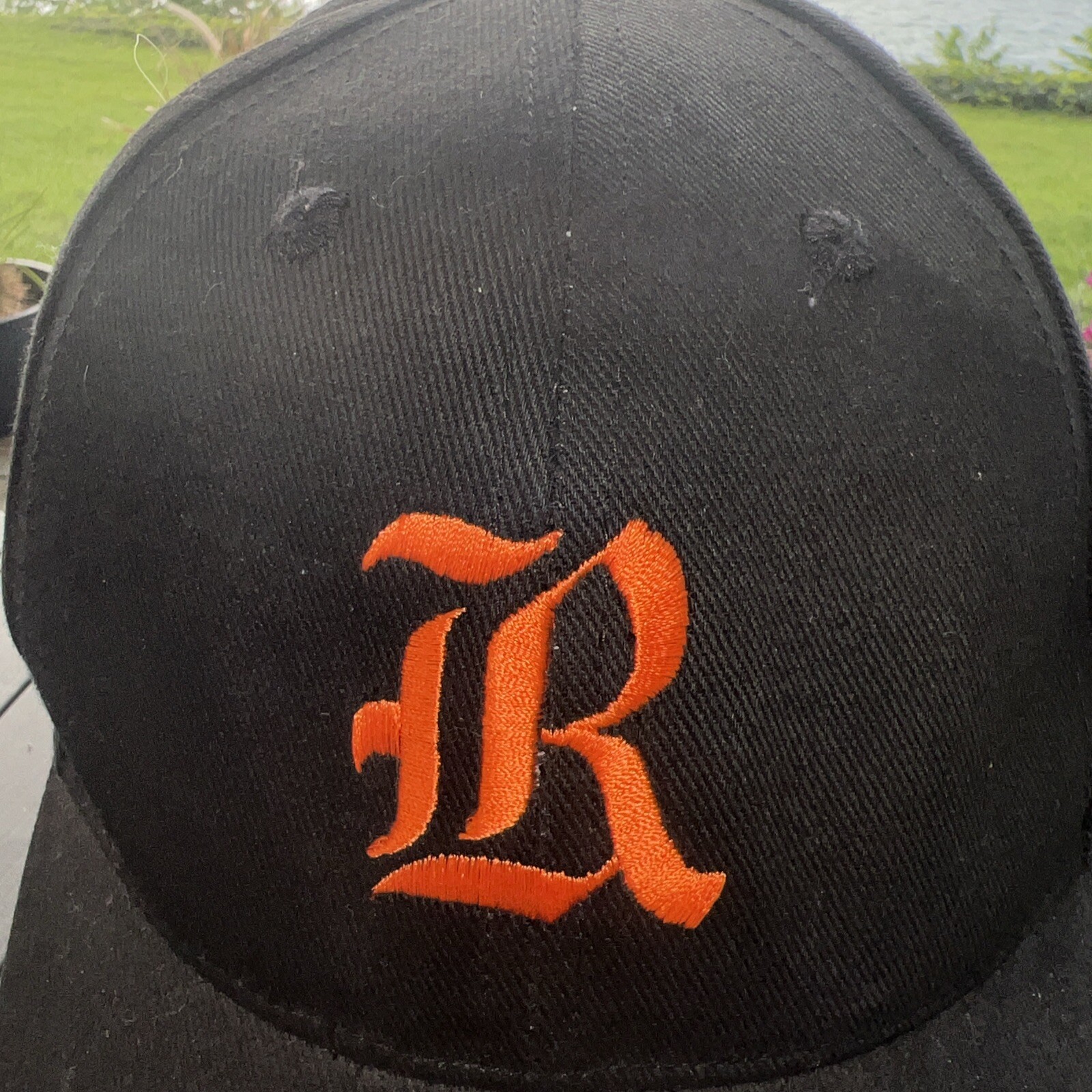 Orange R Or Lr Script on Black Hat Cap Hook Loop Head to Toe Brand EUC