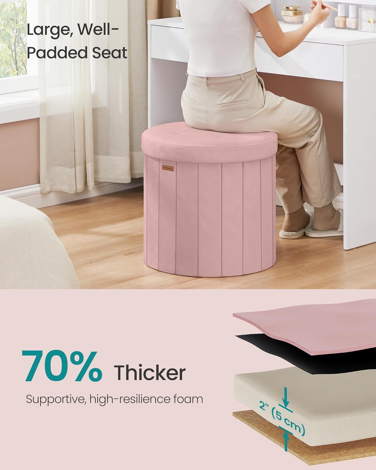 Mazie Collection Round Storage Ottoman Folding Footrest Stool W/ Removable Lid