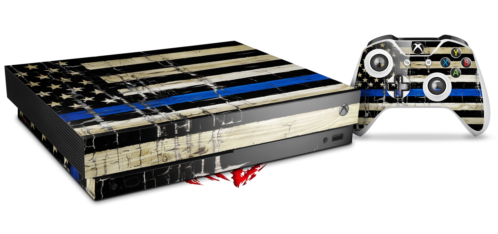 Skin Set for XBOX One X Faded Cracked Blue Line Stripe USA American Flag