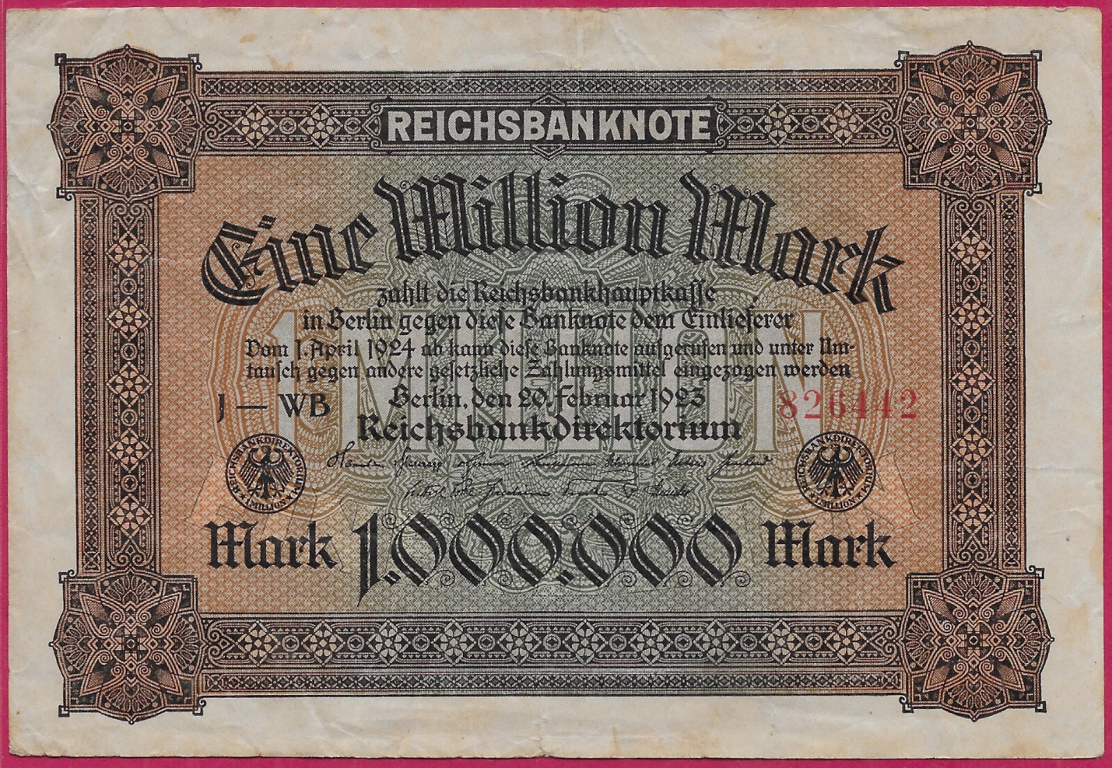 GERMANY WEIMAR REP 1,000,000 MARK 1923,UNIFACE,REICHSBANKNOTE.LETTERING:EINE MIL