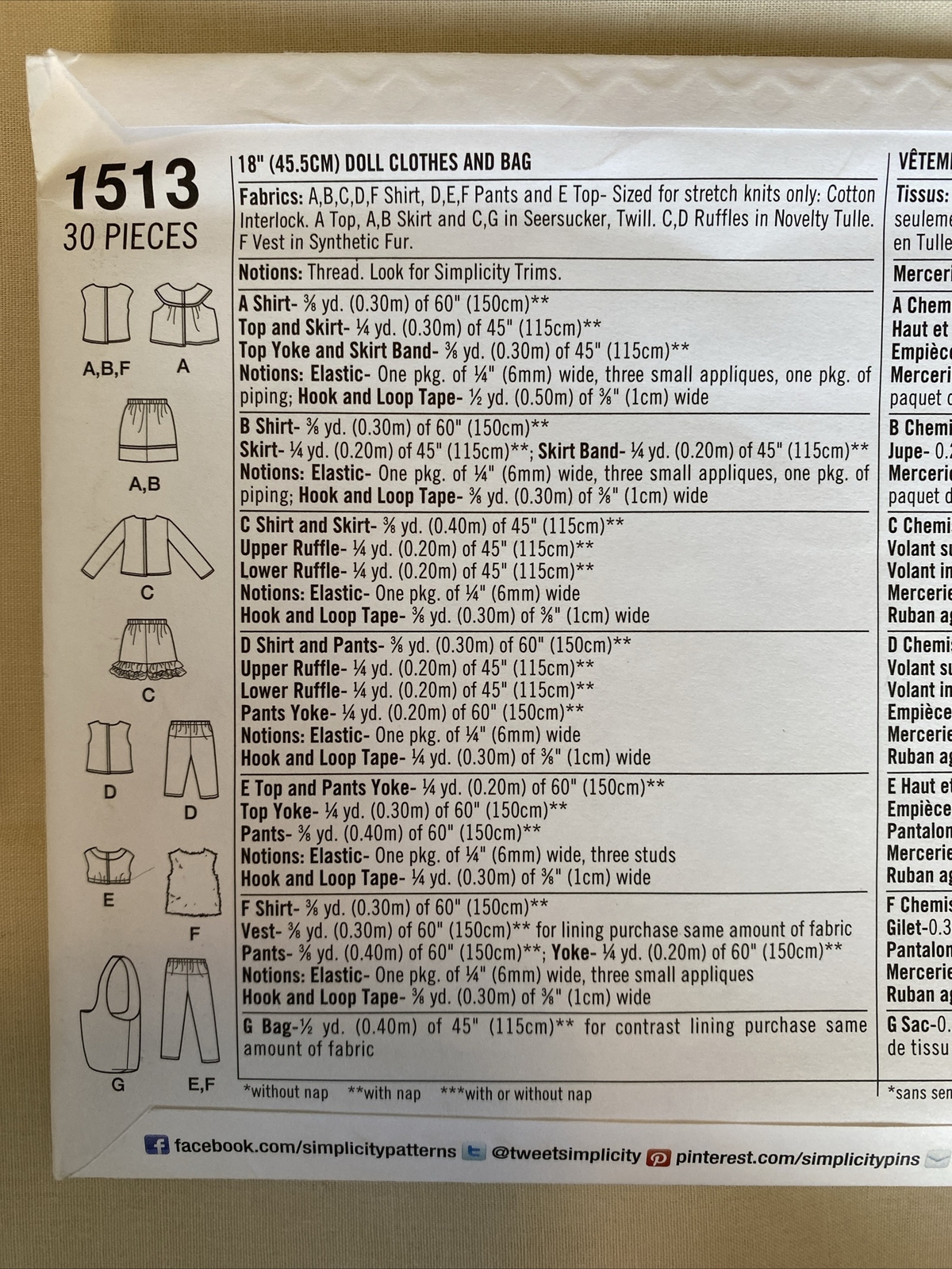 18” Doll Clothes Sewing Pattern Simplicity 1523