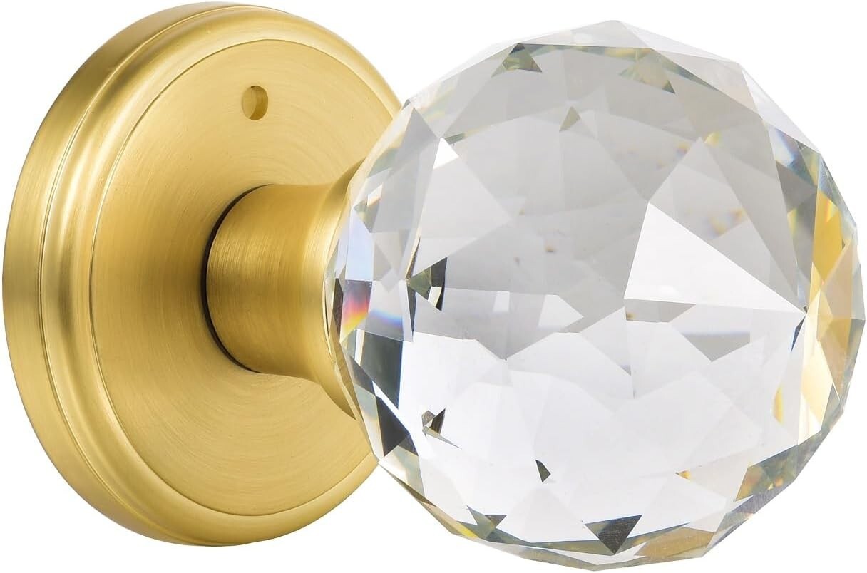 Crystal Glass Door Knobs Interior with Lock, Privacy .Privacy, Satin Brass