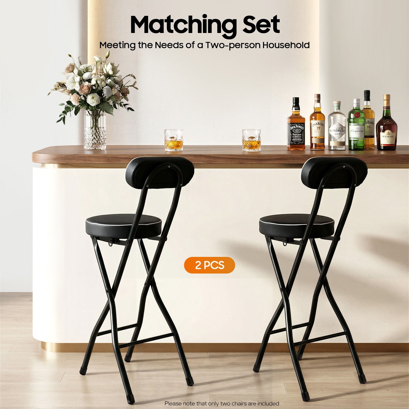 2pcs Black Counter Stool Bar Stool Portable Folding Kitchen Dining Chair