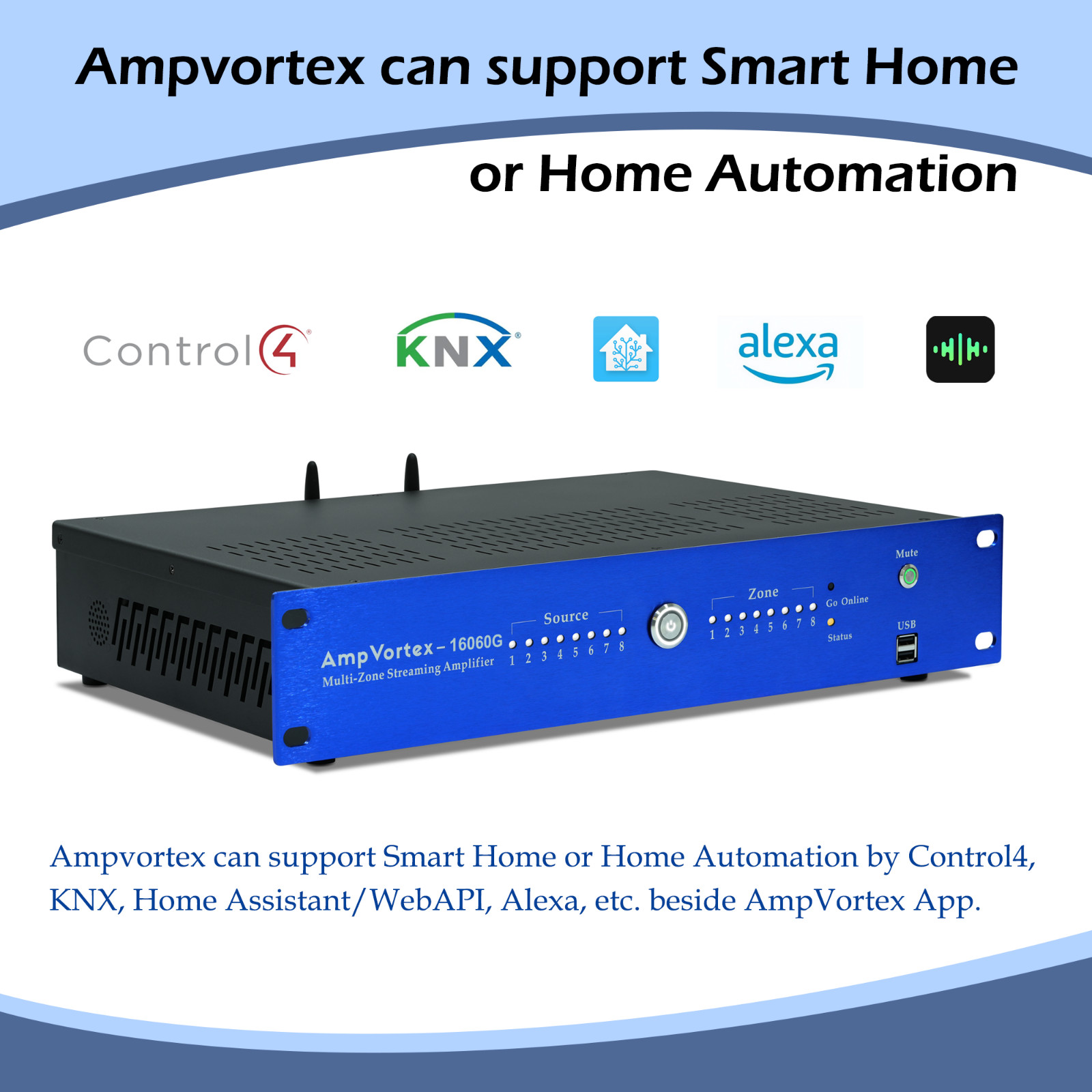 AmpVortex 16060G 8-zone multi-room streaming amplifier 1040W with Google Cast