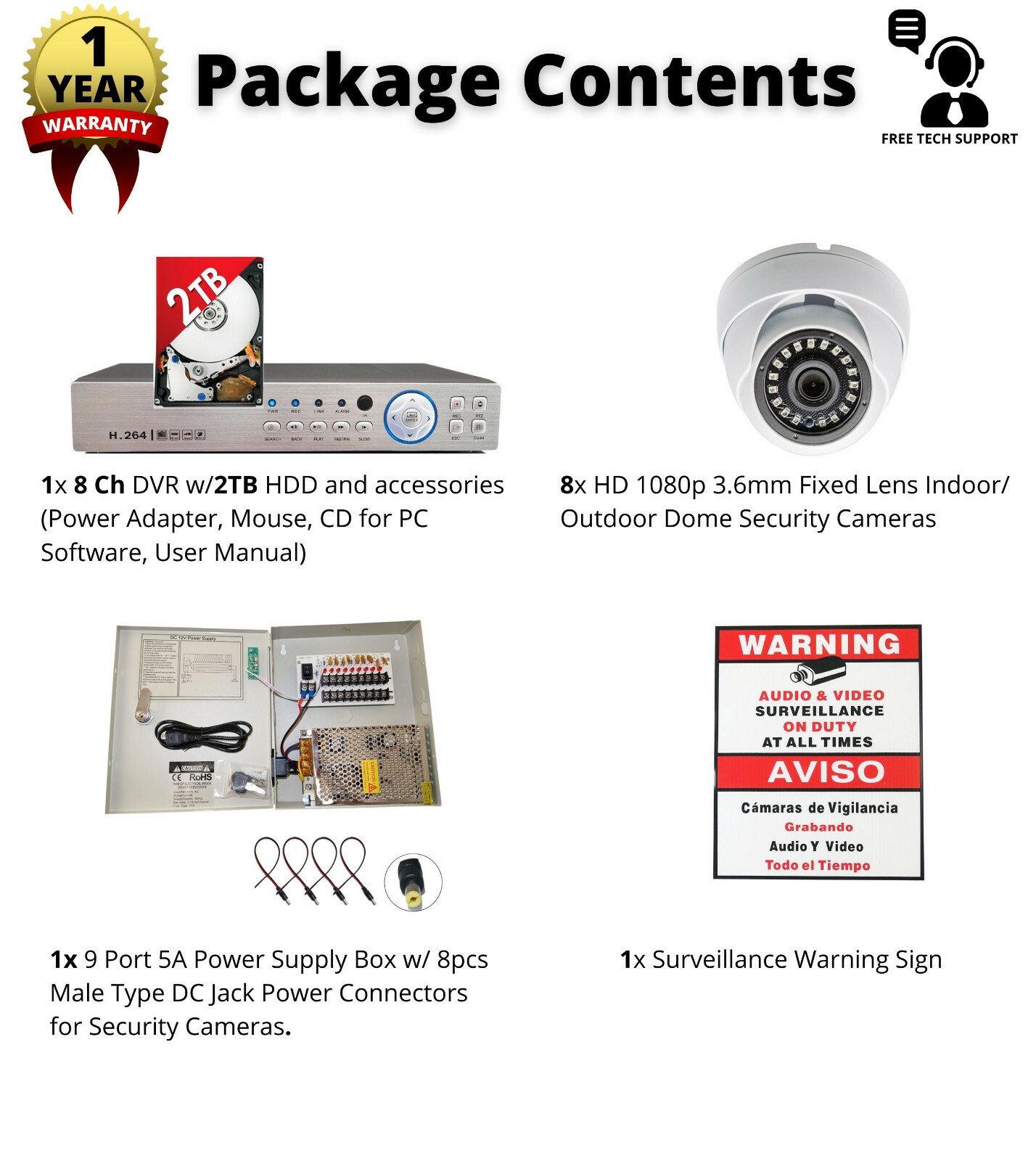 1080p 8 Camera Security Surveillance CCTV System with Easy Remote Access