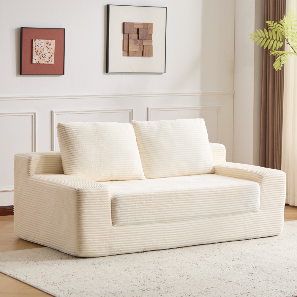 Modern Loveseat Sofa Bed w/Reversible Cushion & Pillows, White Corduroy