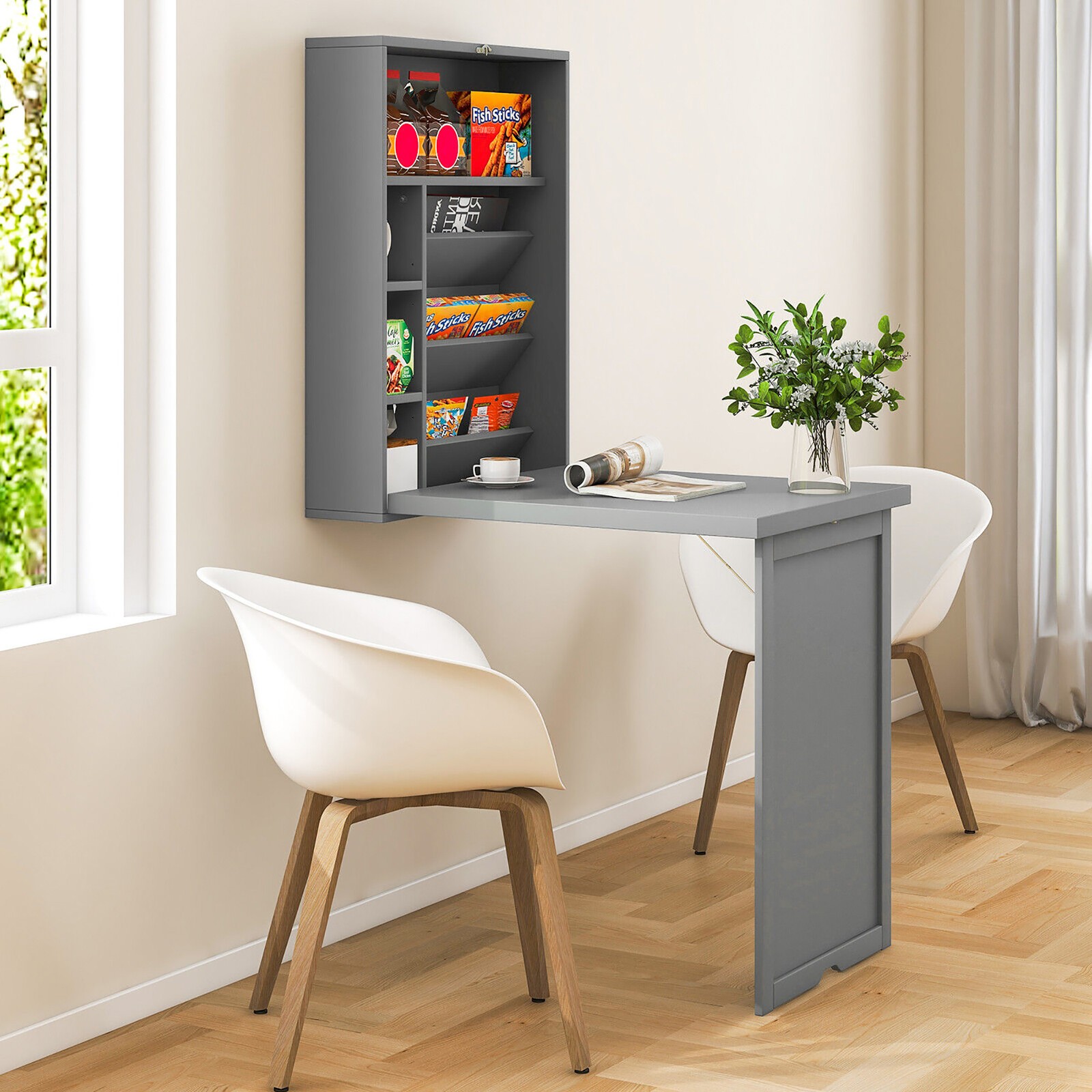 Wall Mounted Computer Convertible Desk Floating Desk w/ Storage Bookcases Grey