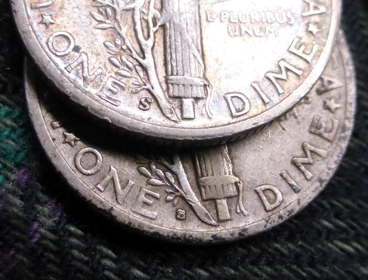 2 1945 S USA Silver Mercury Dimes, Micro S & Regular Mint Mark, 2 10C Coins