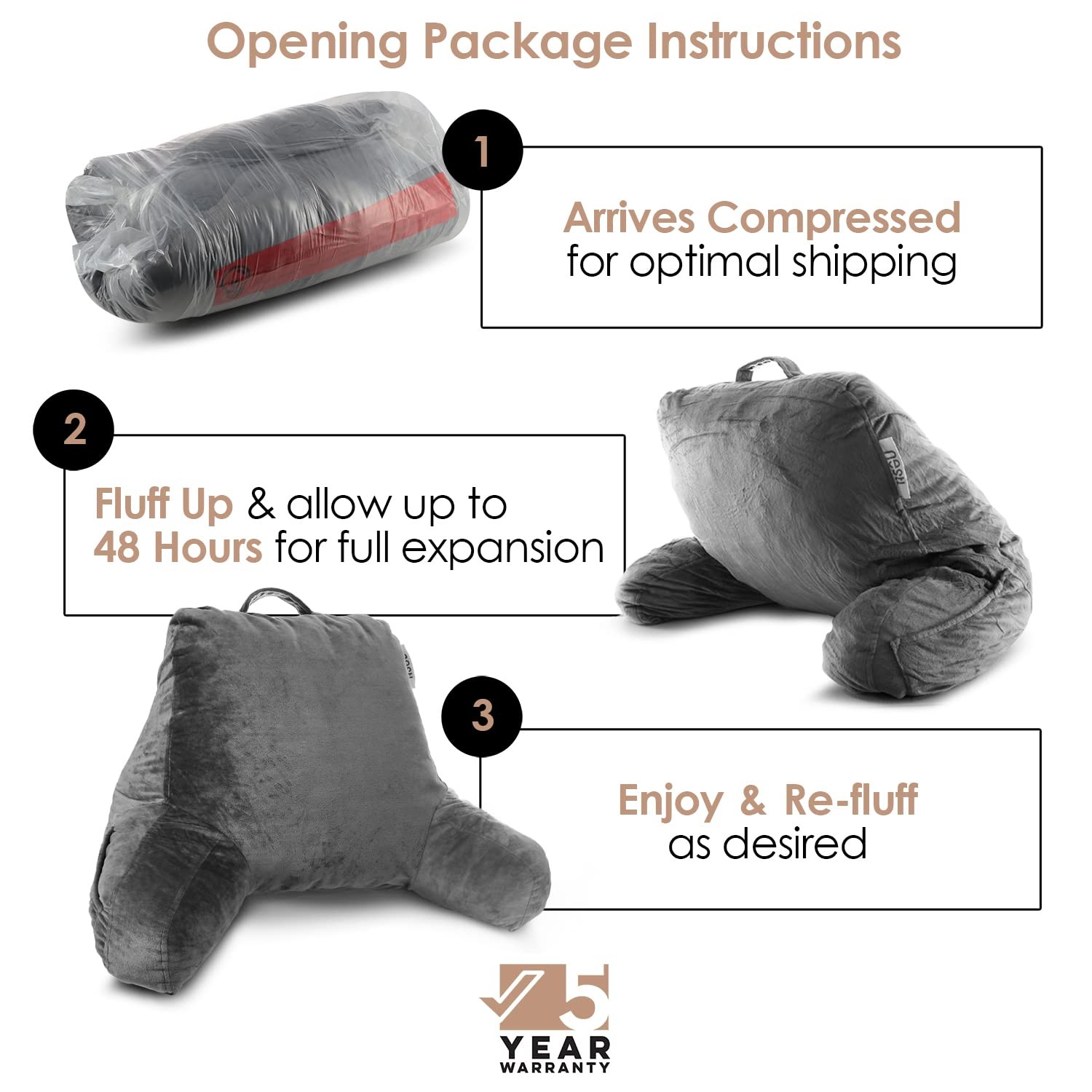 Sitting Up Pillow For Bed, Adjustable Arm Support, Grey