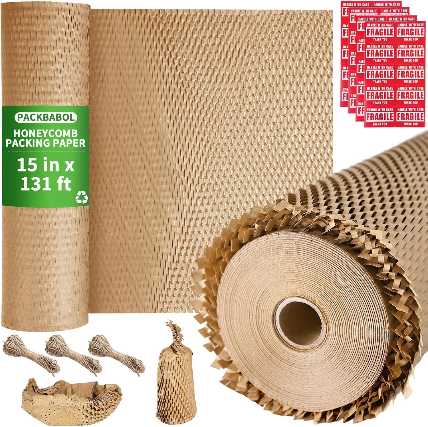 PACKBABOL Honeycomb Packing Paper Bubble Wrap Roll 15" x 131' - Eco-Friendly Bub
