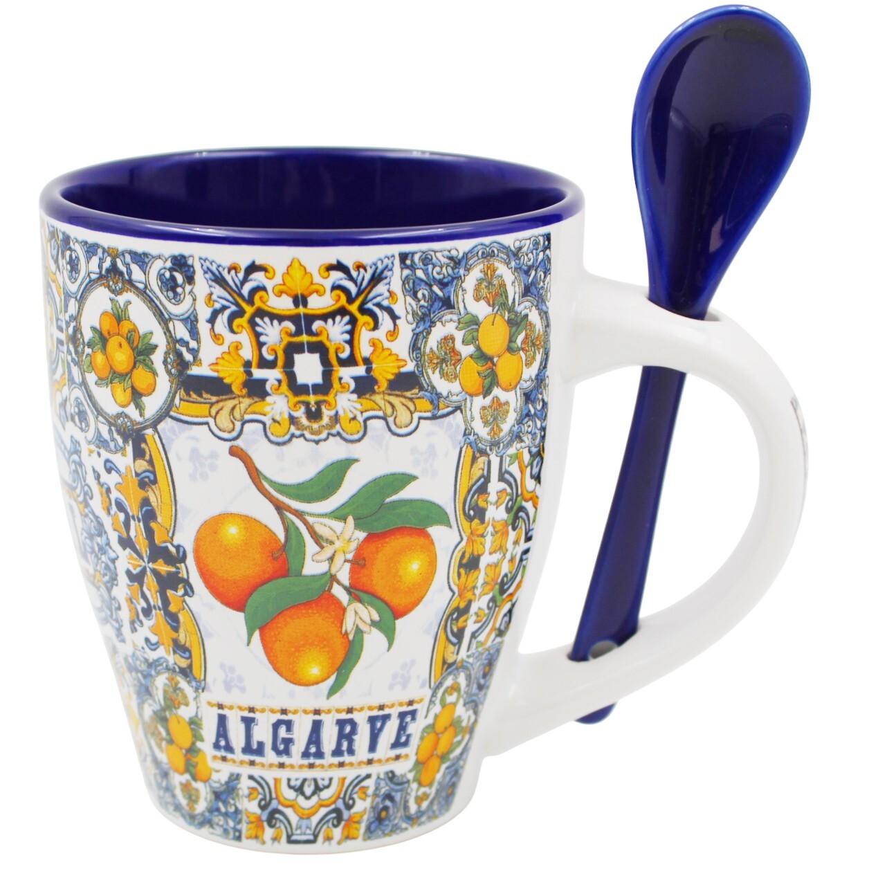 Algarve Colorful Azulejo Pattern Ceramic Mug with Integrated Spoon