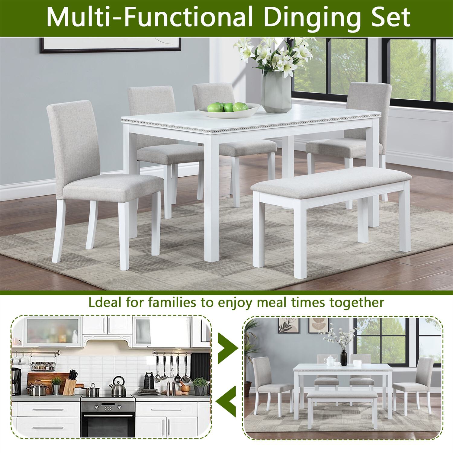 6 Piece Dining Table Set Kitchen Table Wooden Dining Table with 4 Chairs & Bench
