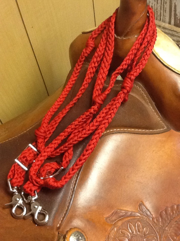 red paracord barrel reins with grip knots