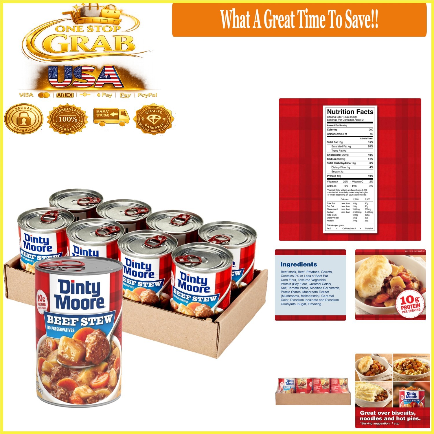Dinty Moore Beef Stew 15 oz 8-Pack Gluten Free Ready-to-Eat Chunk Meat & Vege...