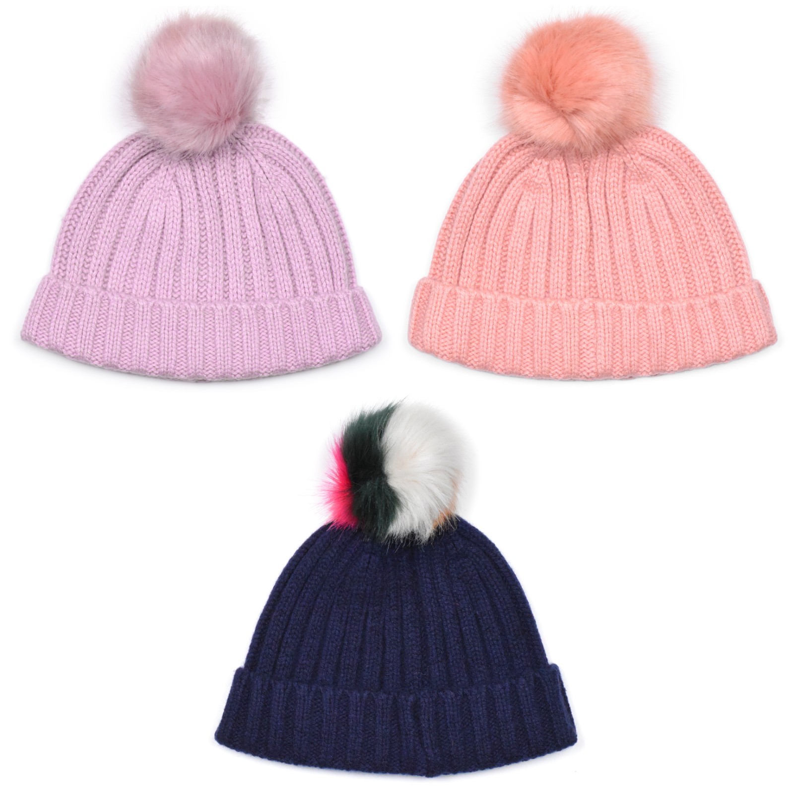 Qty 3: J.Crew Women's Rib-Knit Beanie, Faux-Fur Pom-Pom - Lilac, Peach, Navy NWT