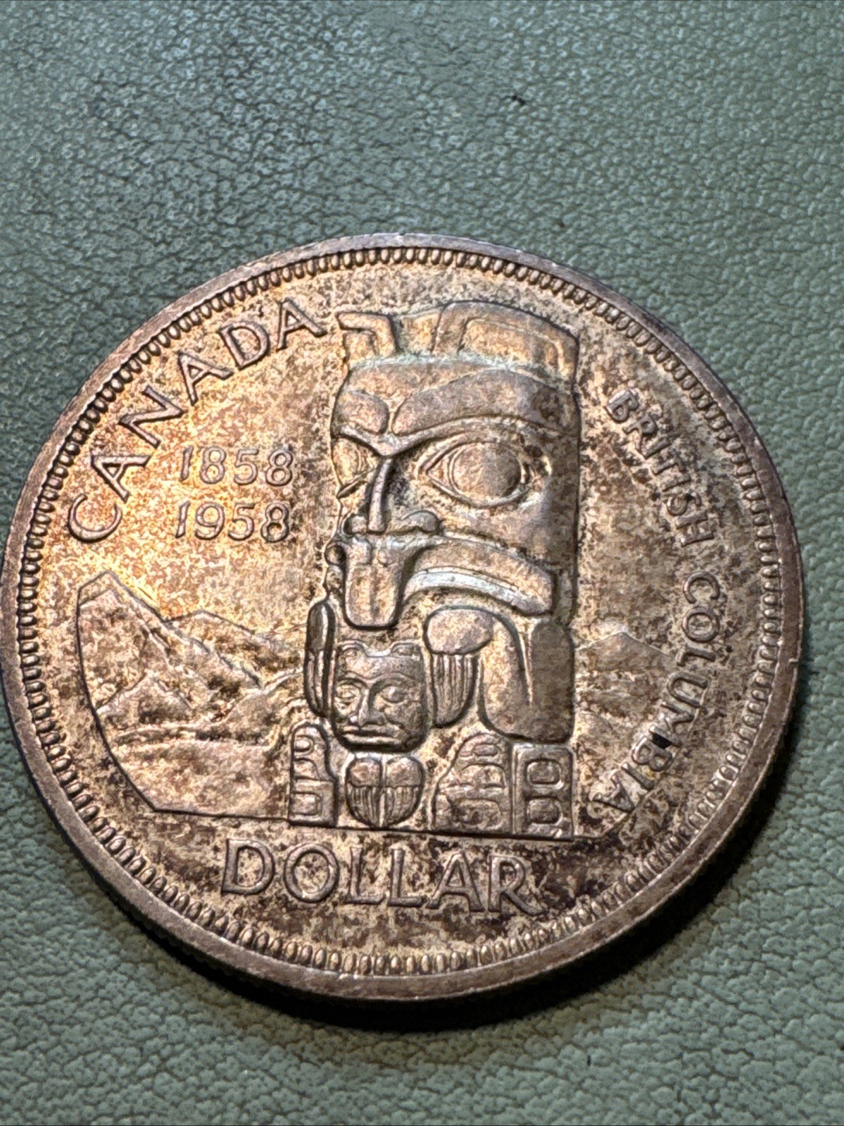 1958 Canada British Columbia - "Totem Pole" Silver Dollar Popular Design Toned