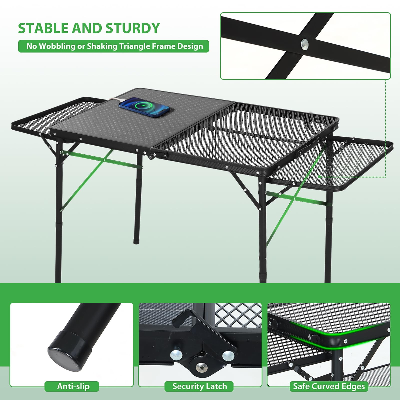 Nice C Camping Table with Solar Charger, Side Shelves, Mesh Net & Cup Holders